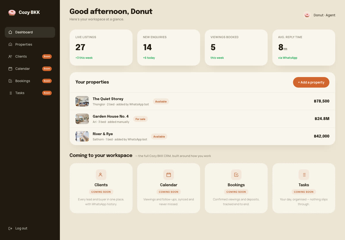 Property agency workspace with a live listings CRM
